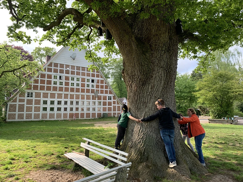 Drei Schüler:innen und eine Lehrerin stehen um einen Baum, halten sich an den Händen und umarmen den Baum. 