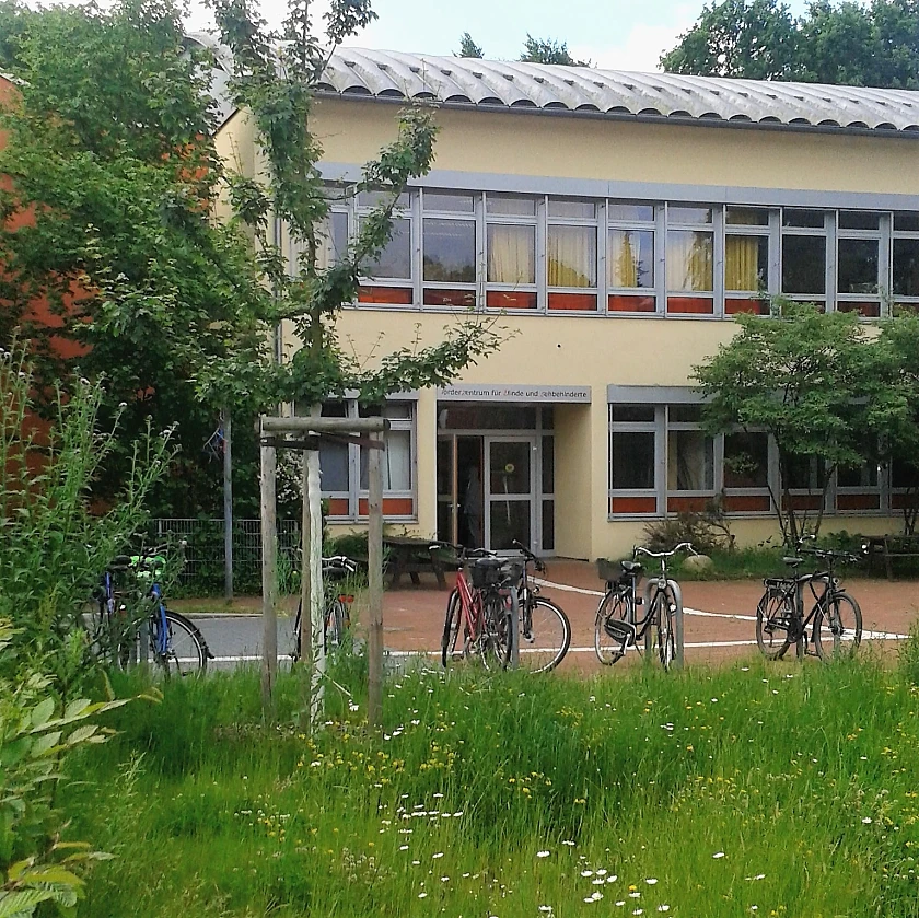 Das Bild zeigt im Hintergrund das hellgelbe Schulgebäude der Georg-Droste-Schule. Im Vordergrund sieht man mehrere Fahrräder an Fahrradständen und eine bunte Blumenwiese.