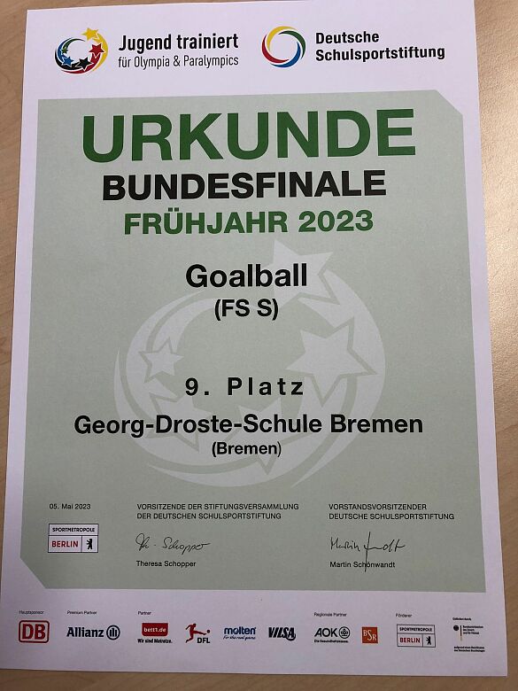 Die Urkunde: Bundesfinale Frühjahr 2023 Goalball, 9. Platz für die GDS