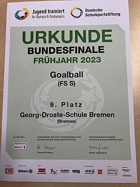 Die Urkunde: Bundesfinale Frühjahr 2023 Goalball, 9. Platz für die GDS