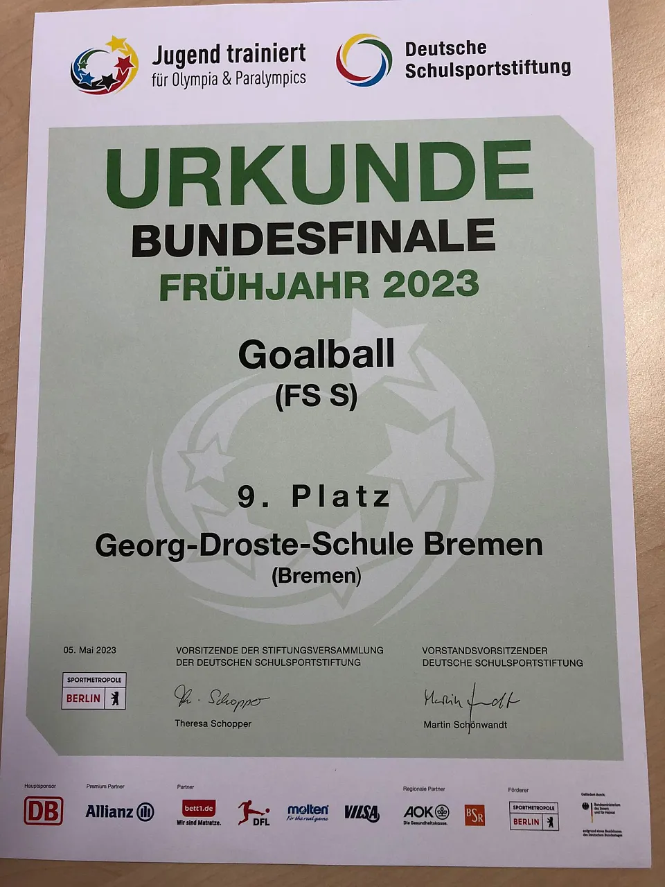 Die Urkunde: Bundesfinale Fr&uuml;hjahr 2023 Goalball, 9. Platz f&uuml;r die GDS