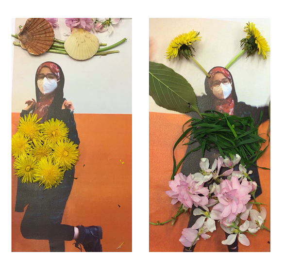 Eine Schülerin ist auf diesen Bildern zu sehen. Einzelne Teile ihres Körpers sind mit Blumen und Blättern bedeckt. 