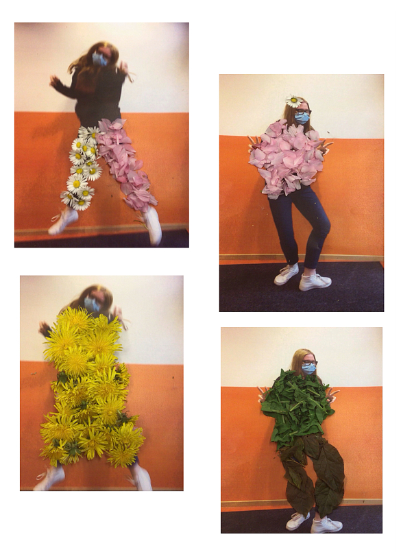 Das Bild einer Schülerin ist mit verschiedenen Blumen bedeckt. 