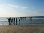 Die Schüler*innen sind am Strand. Es ist Ebbe und die Schüler*innen stehen mit den Füßen im flachen Wasser. 